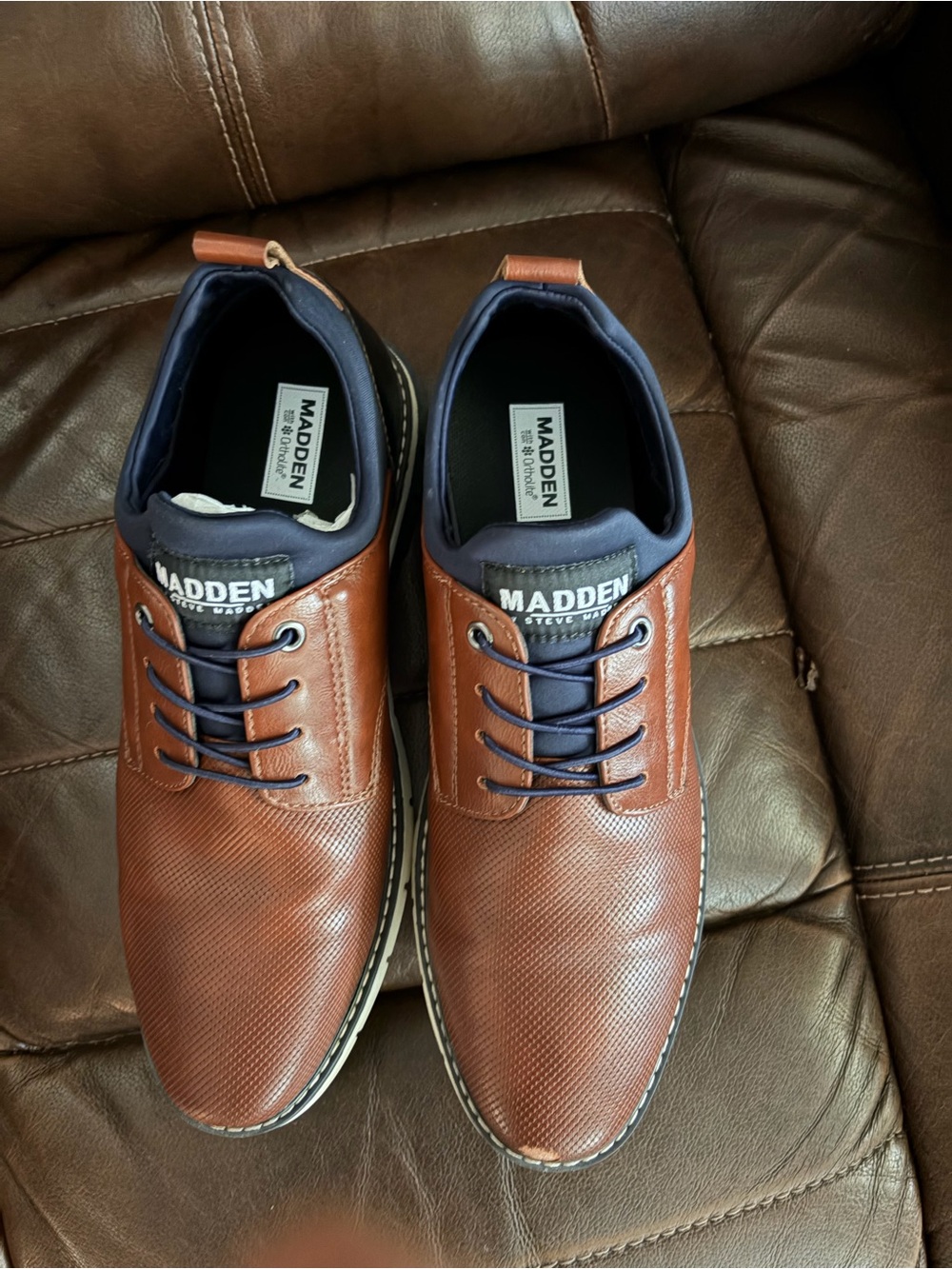 Steve Madden Brown and Navy Casual Lace-Up Loafers scuff mark on toe .